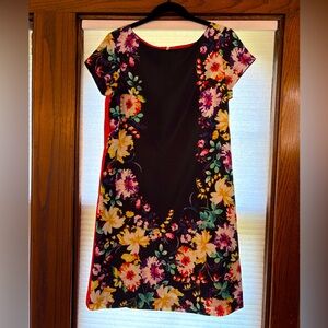 ELIZA J black floral cap sleeve gold zipper lined bold floral shift dress Size 8